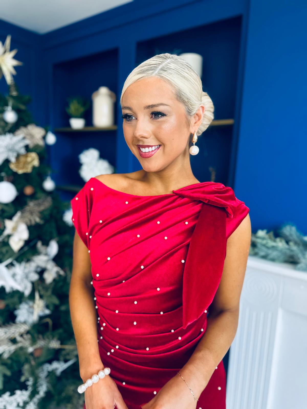 Nicole Bow Detail Pearl Embellished Dress Red