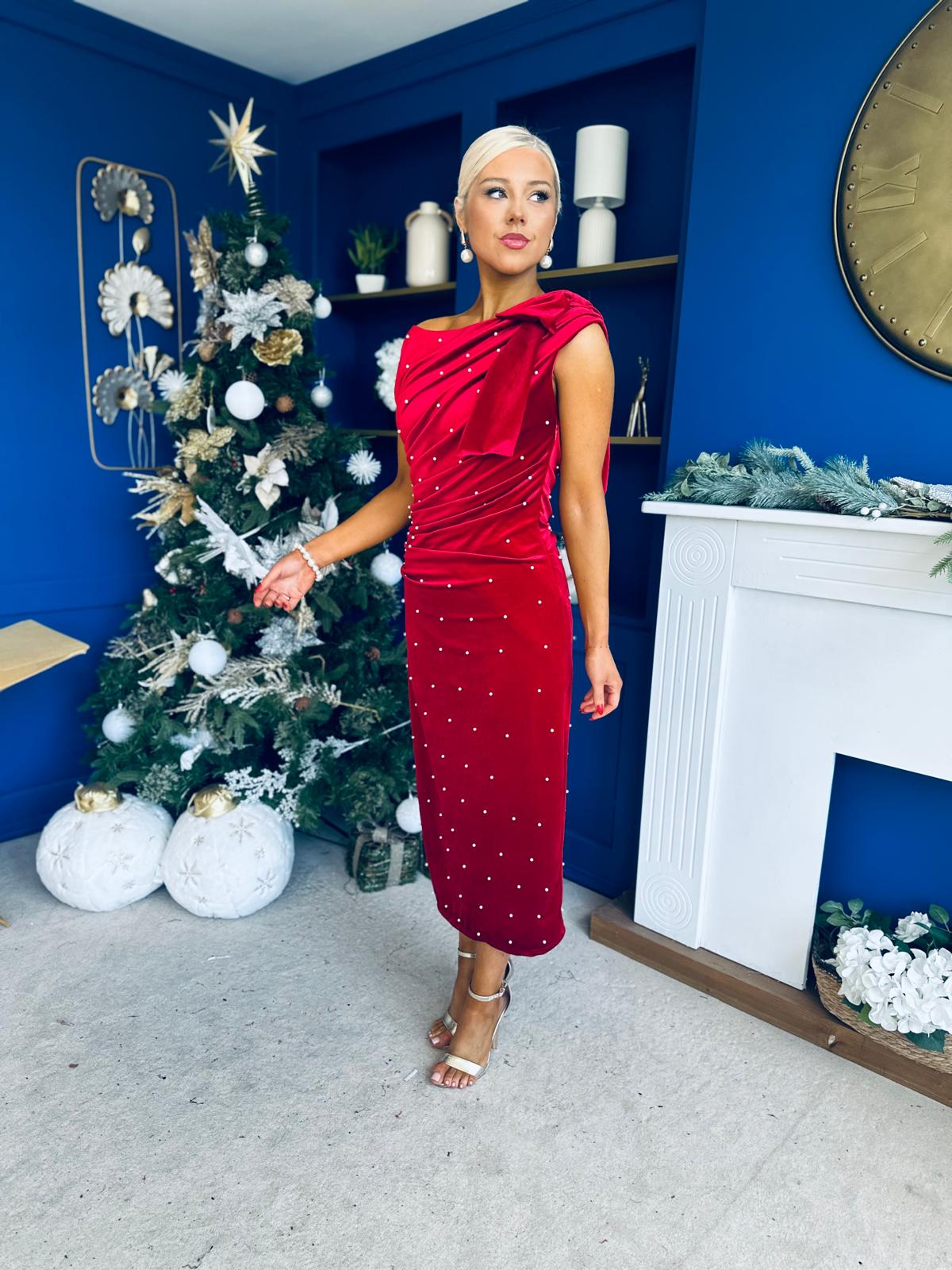 Nicole Bow Detail Pearl Embellished Dress Red