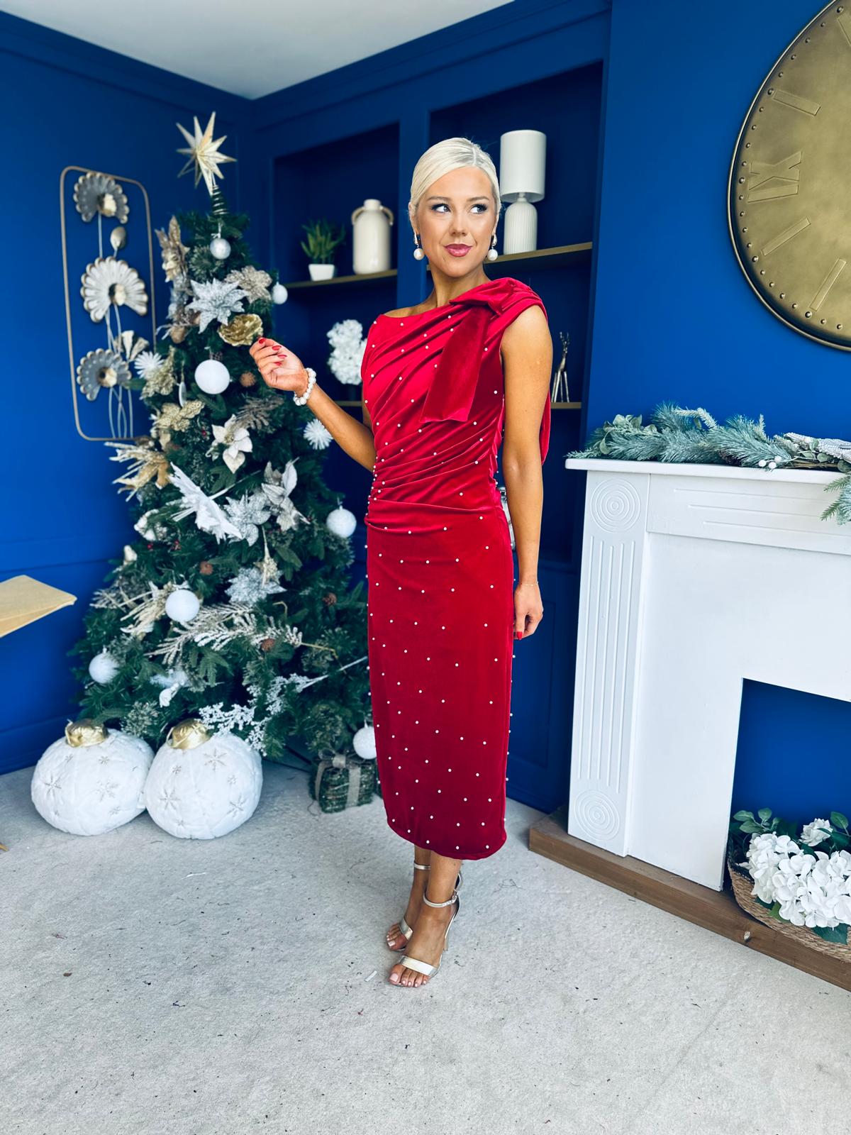 Nicole Bow Detail Pearl Embellished Dress Red