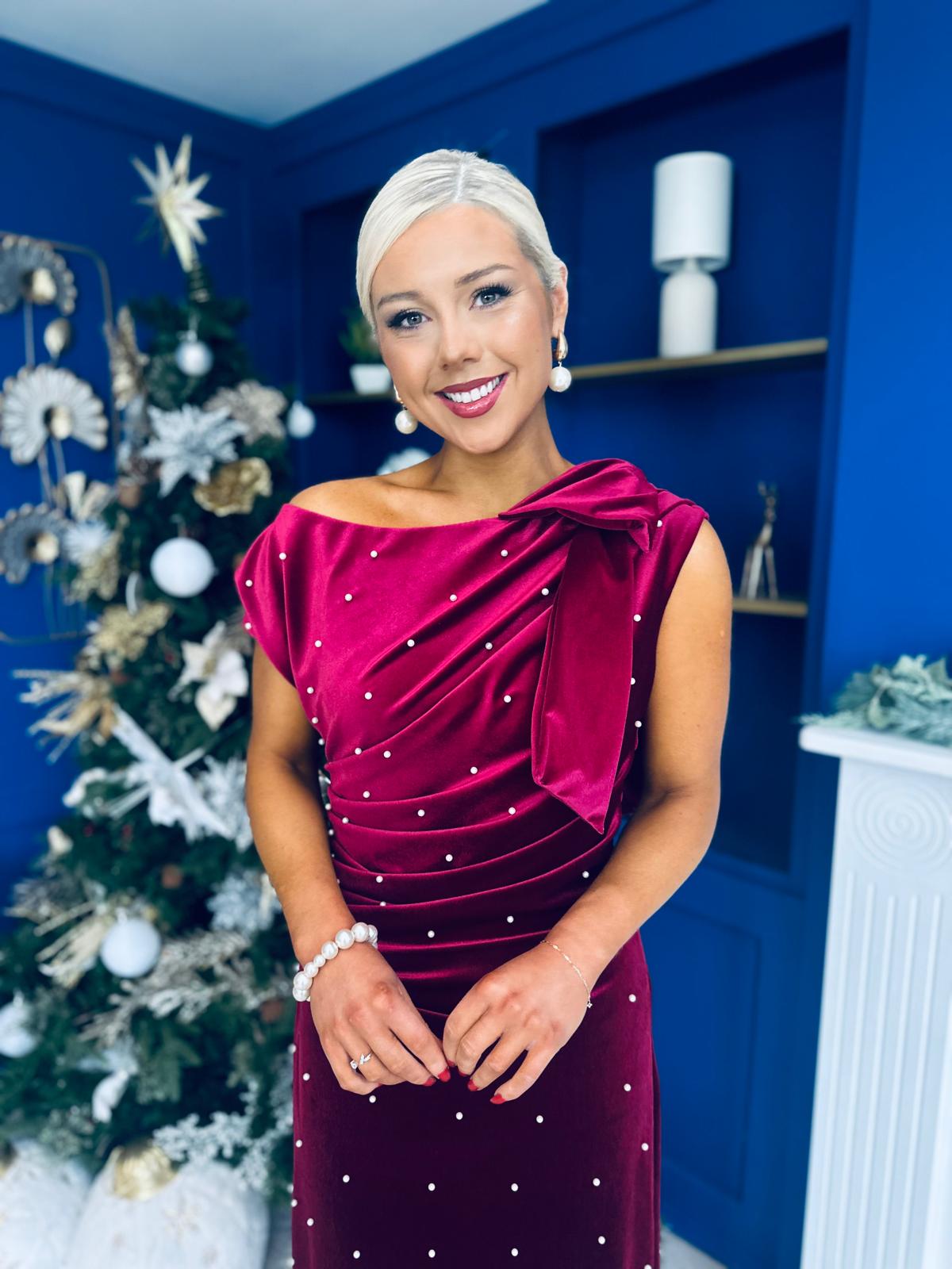 Nicole Bow Detail Pearl Embellished Dress Wine