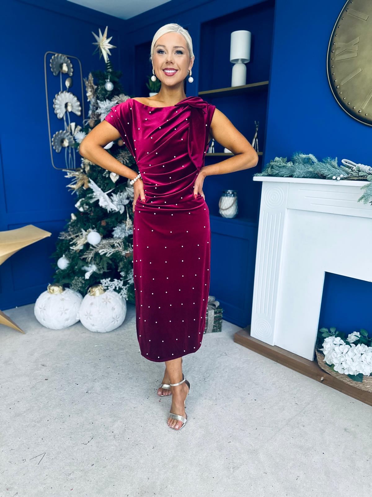 Nicole Bow Detail Pearl Embellished Dress Wine