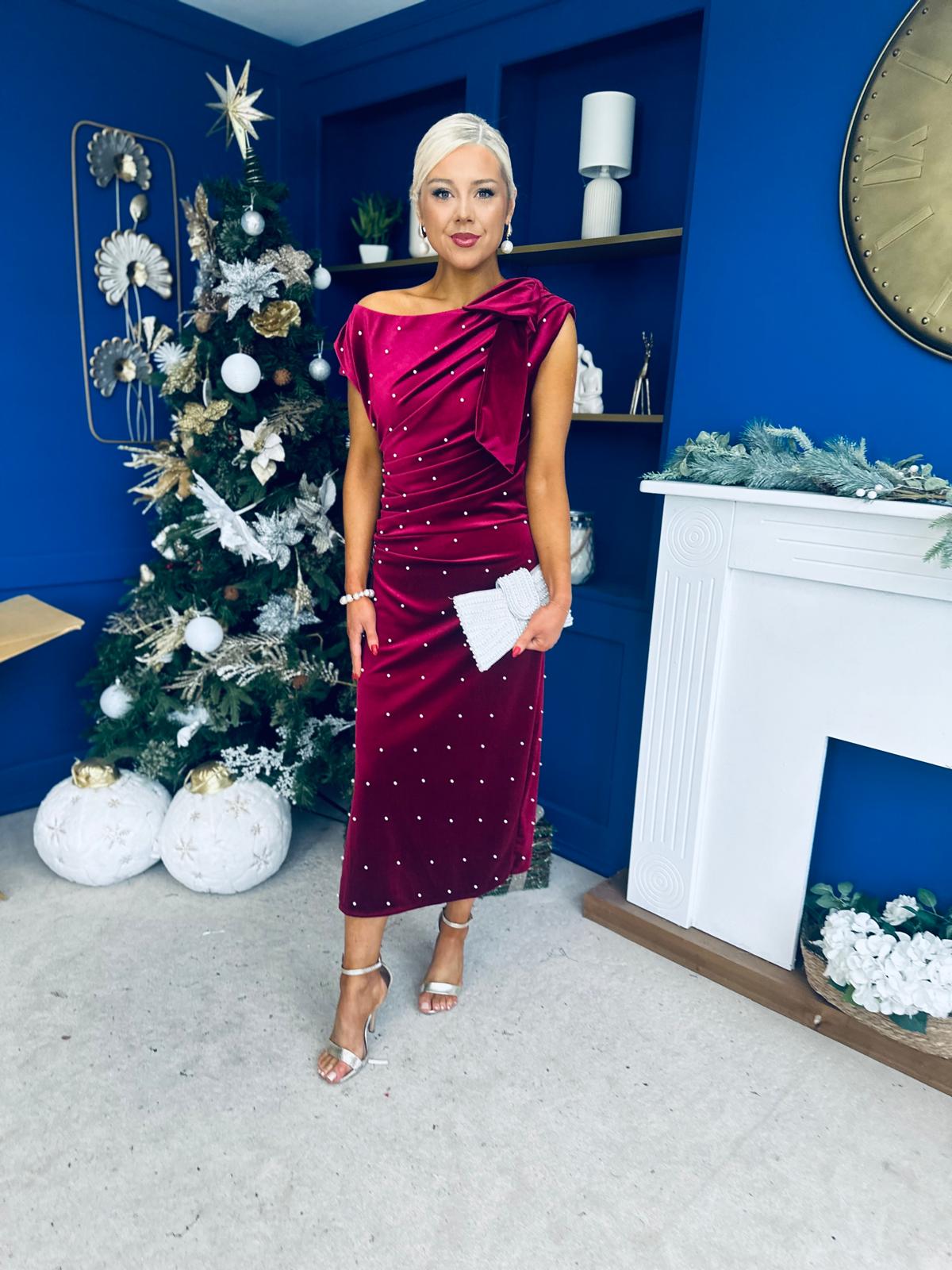 Nicole Bow Detail Pearl Embellished Dress Wine