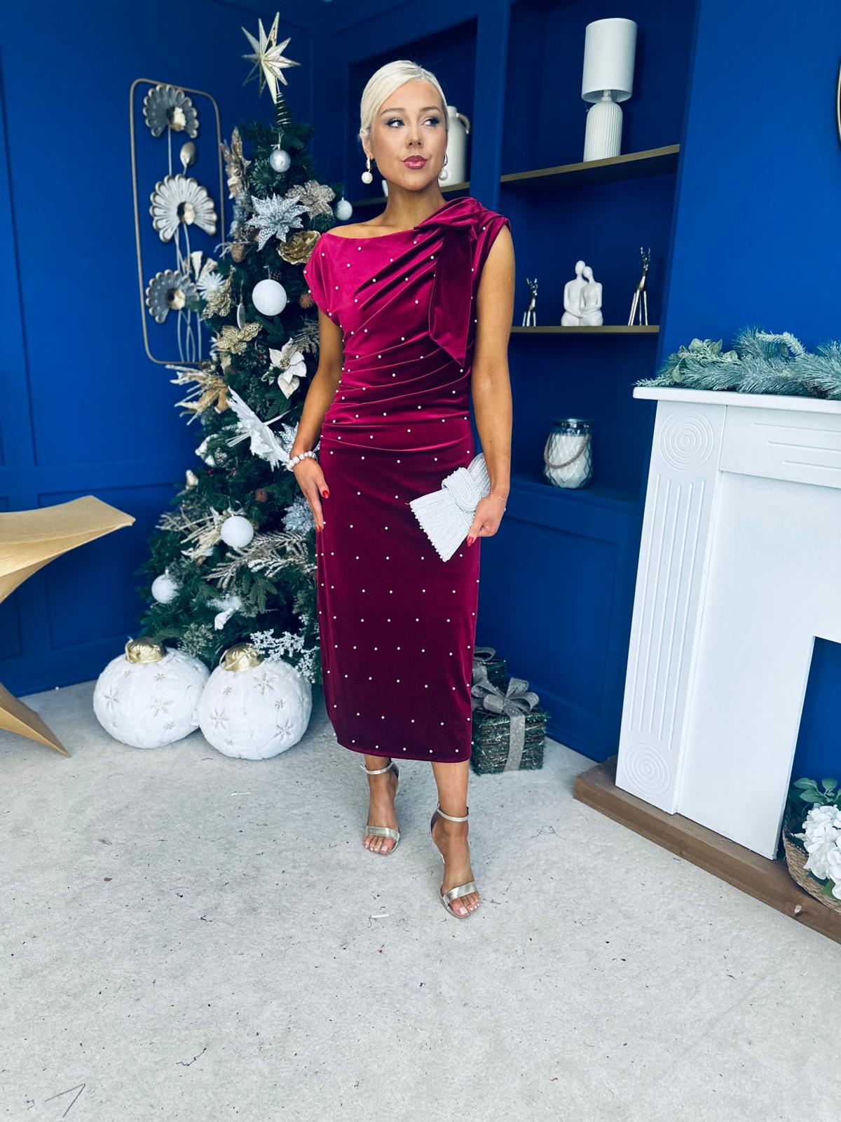 Nicole Bow Detail Pearl Embellished Dress Wine