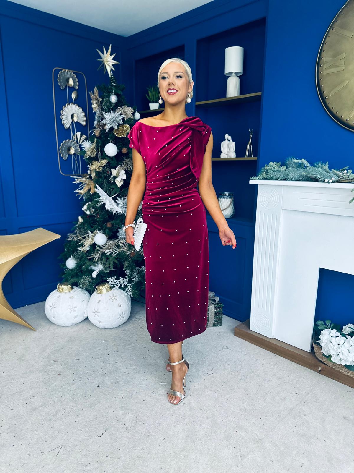 Nicole Bow Detail Pearl Embellished Dress Wine