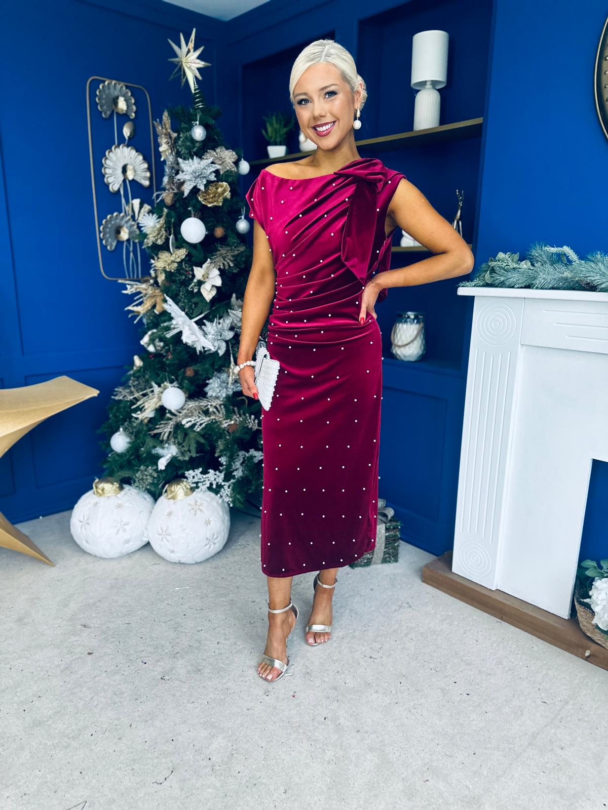 Nicole Bow Detail Pearl Embellished Dress Wine