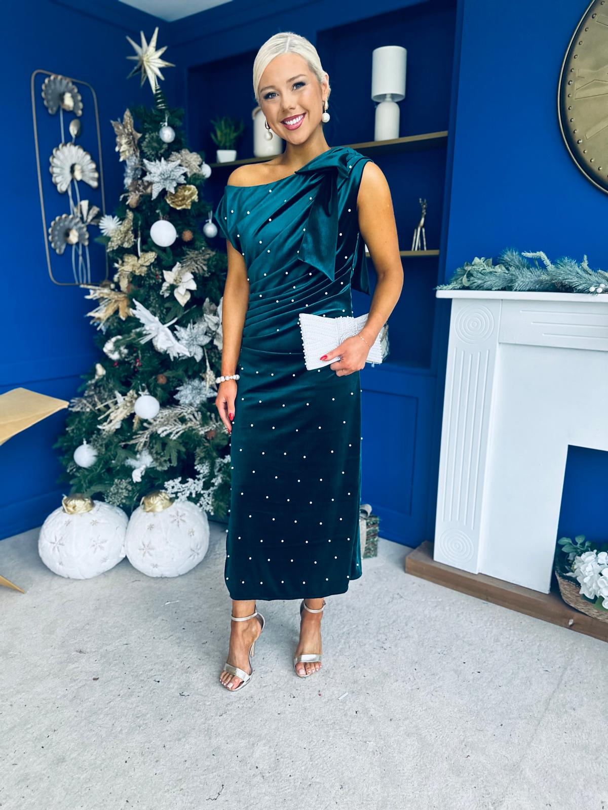 Nicole Bow Detail Pearl Embellished Dress Forest