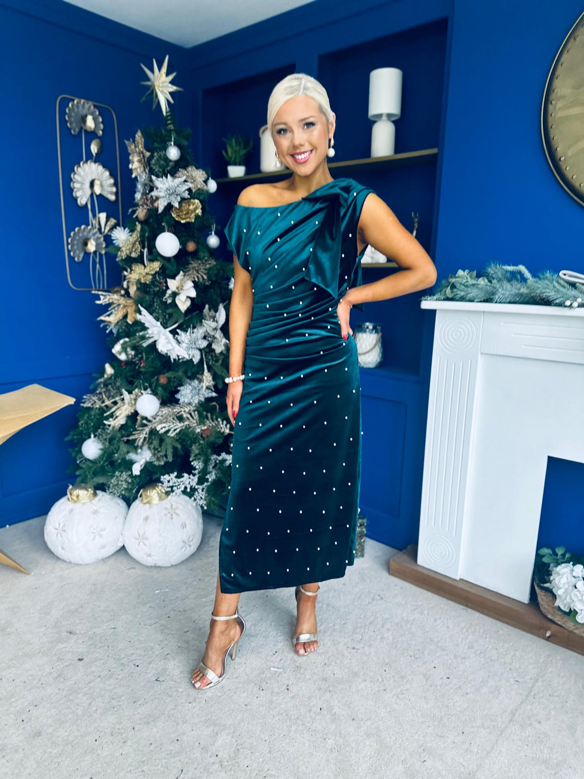 Nicole Bow Detail Pearl Embellished Dress Forest