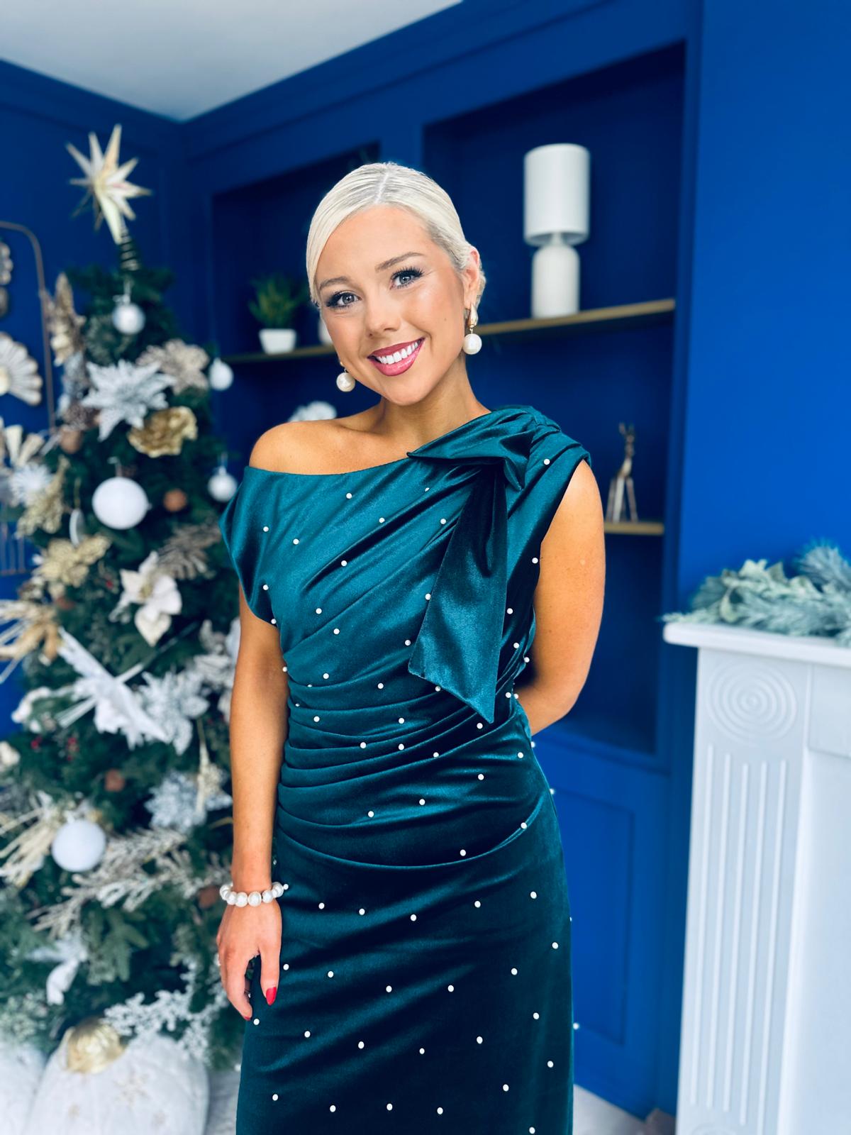 Nicole Bow Detail Pearl Embellished Dress Forest