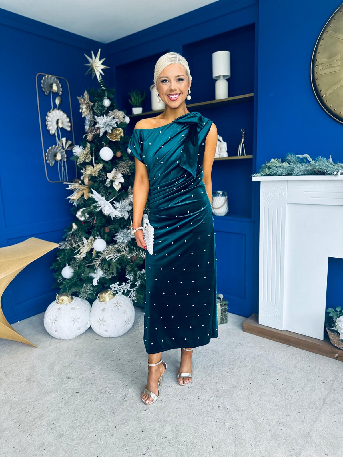 Nicole Bow Detail Pearl Embellished Dress Forest