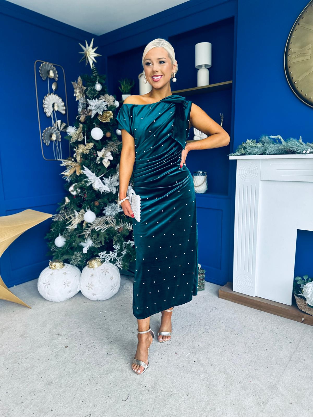 Nicole Bow Detail Pearl Embellished Dress Forest