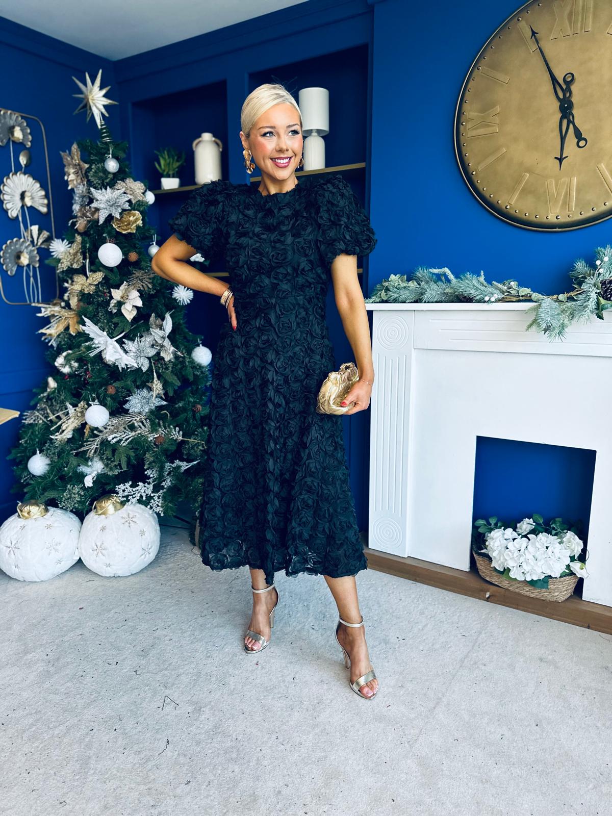 Pippa 3D Floral Occasion Dress Black