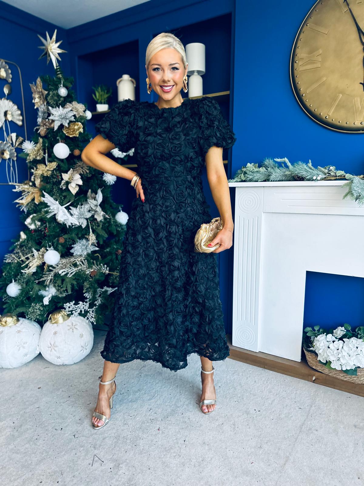 Pippa 3D Floral Occasion Dress Black