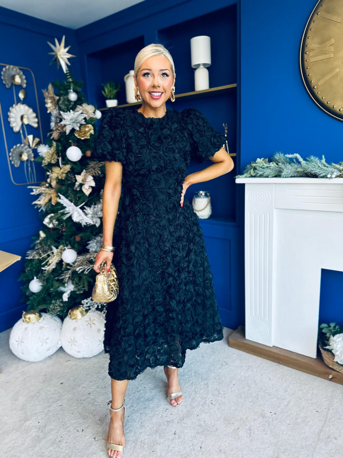 Pippa 3D Floral Occasion Dress Black