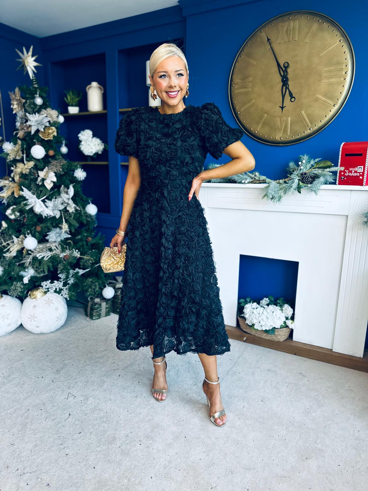 Pippa 3D Floral Occasion Dress Black