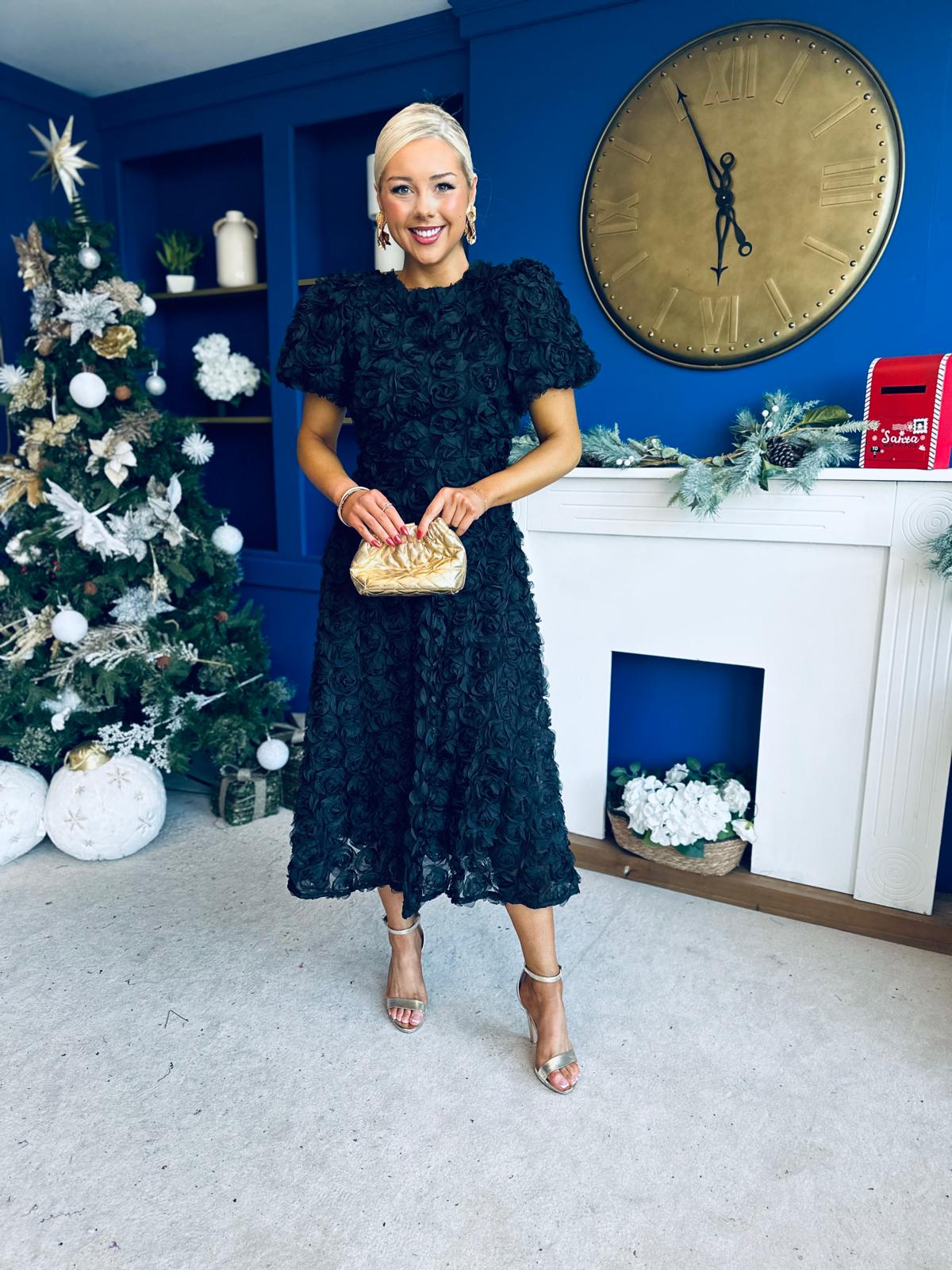 Pippa 3D Floral Occasion Dress Black