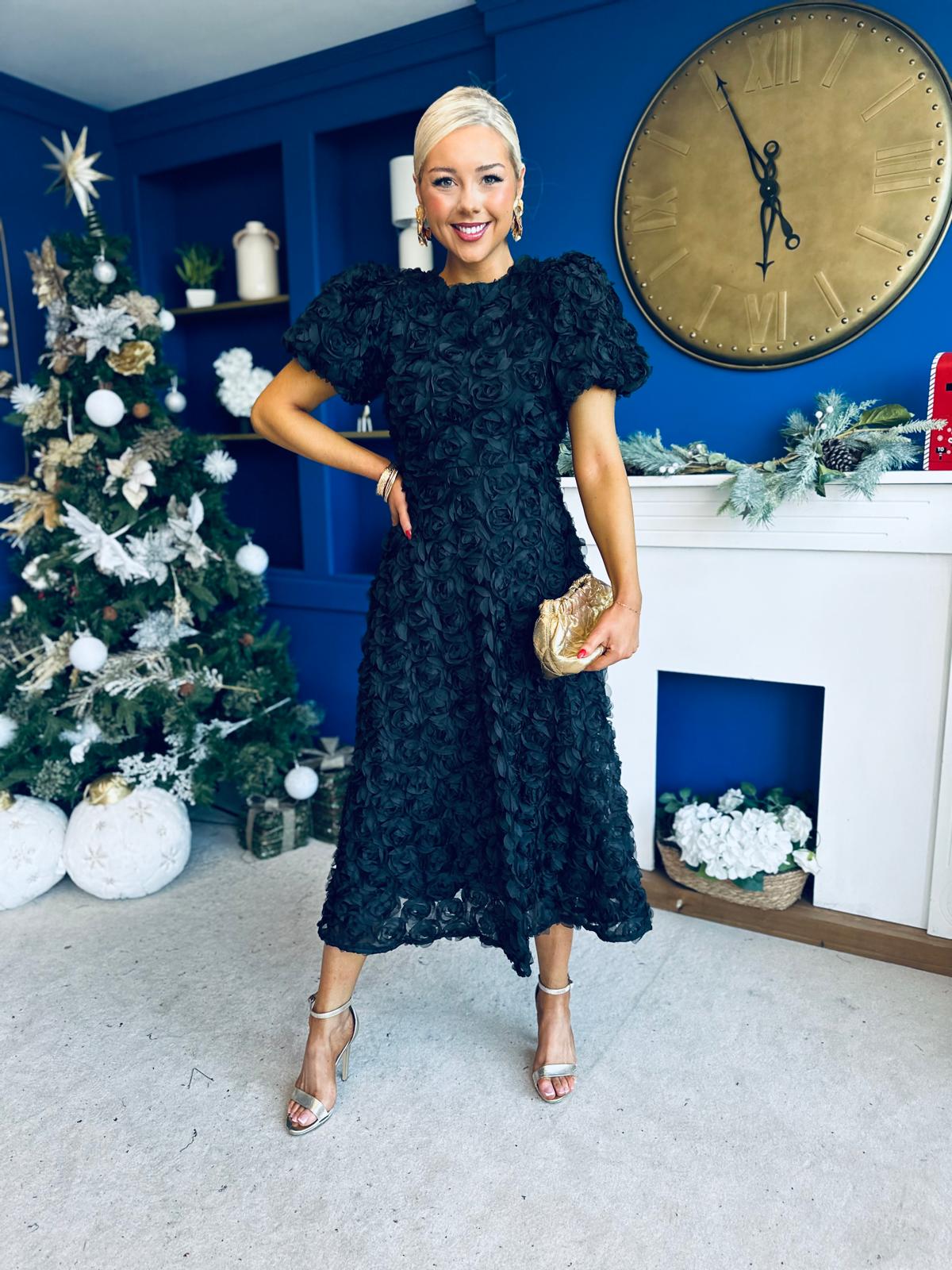 Pippa 3D Floral Occasion Dress Black