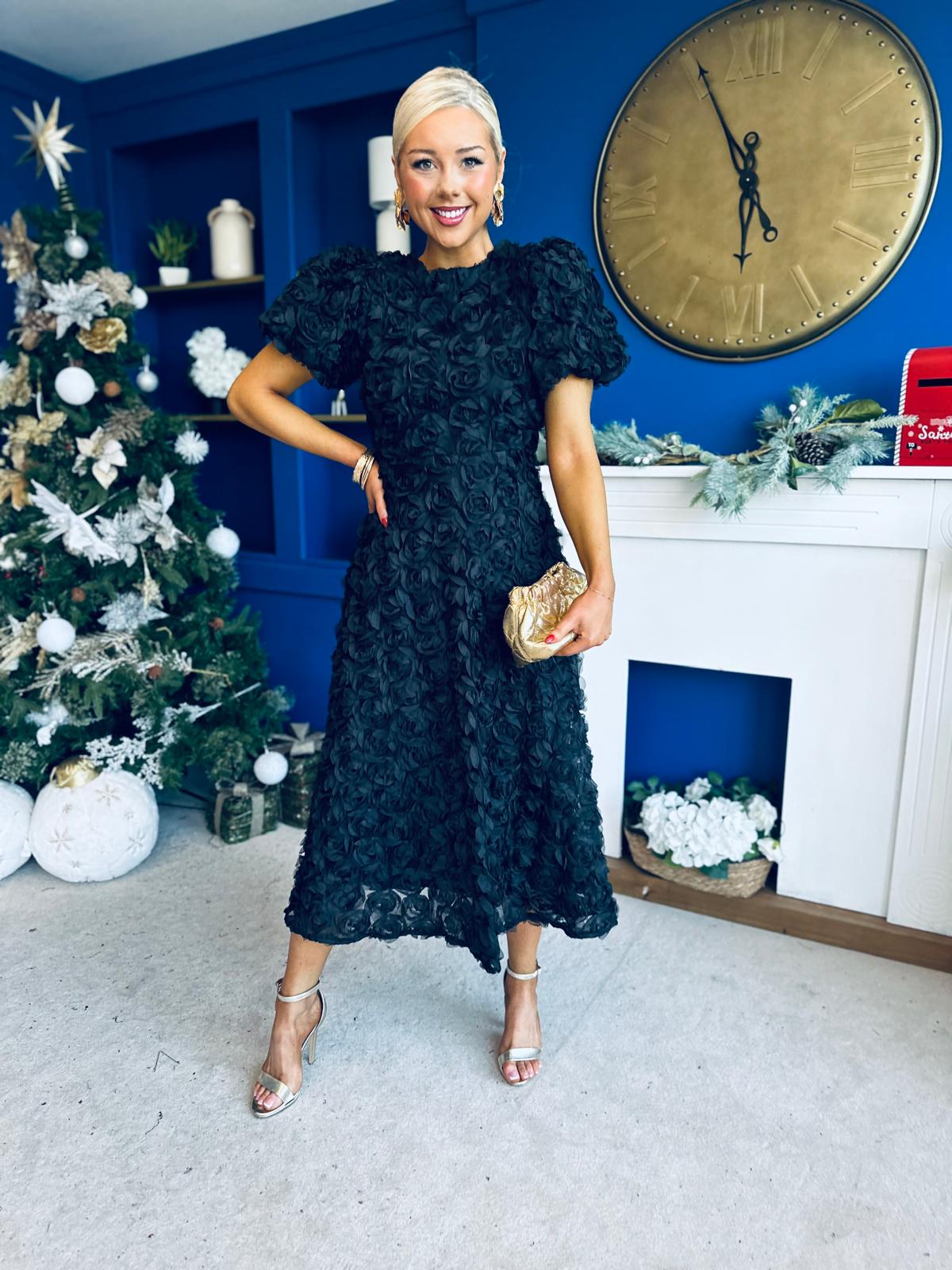 Pippa 3D Floral Occasion Dress Black