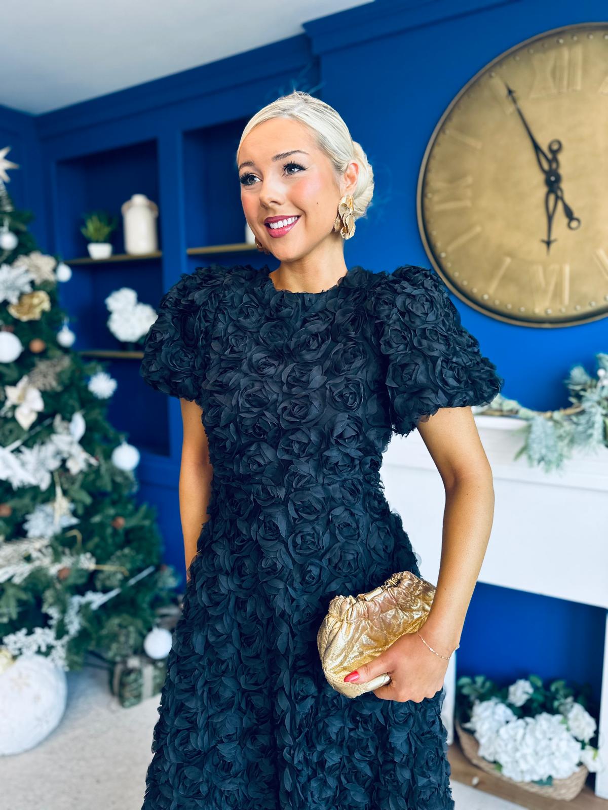 Pippa 3D Floral Occasion Dress Black