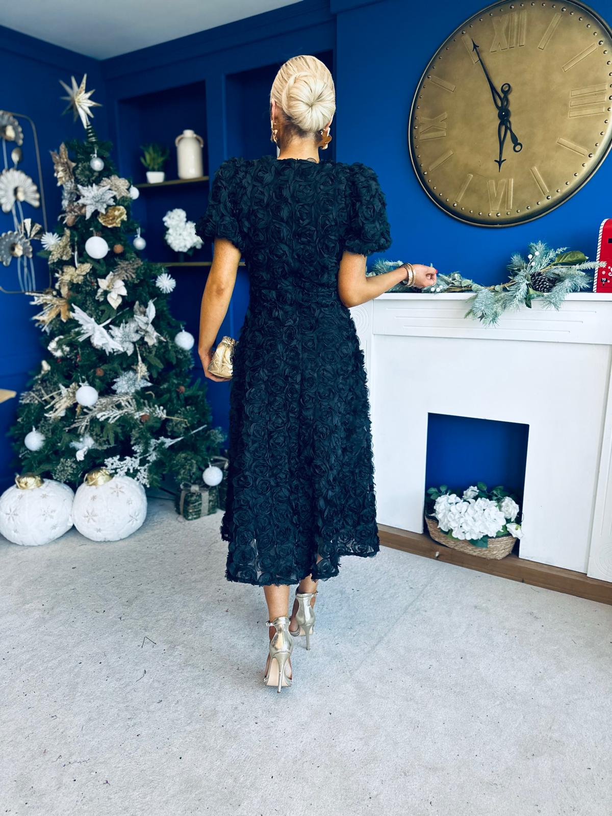 Pippa 3D Floral Occasion Dress Black