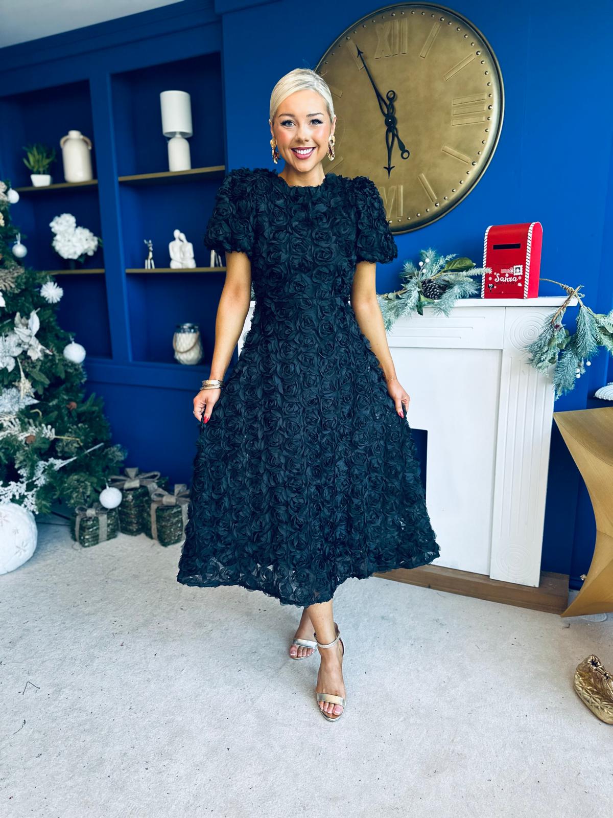 Pippa 3D Floral Occasion Dress Black