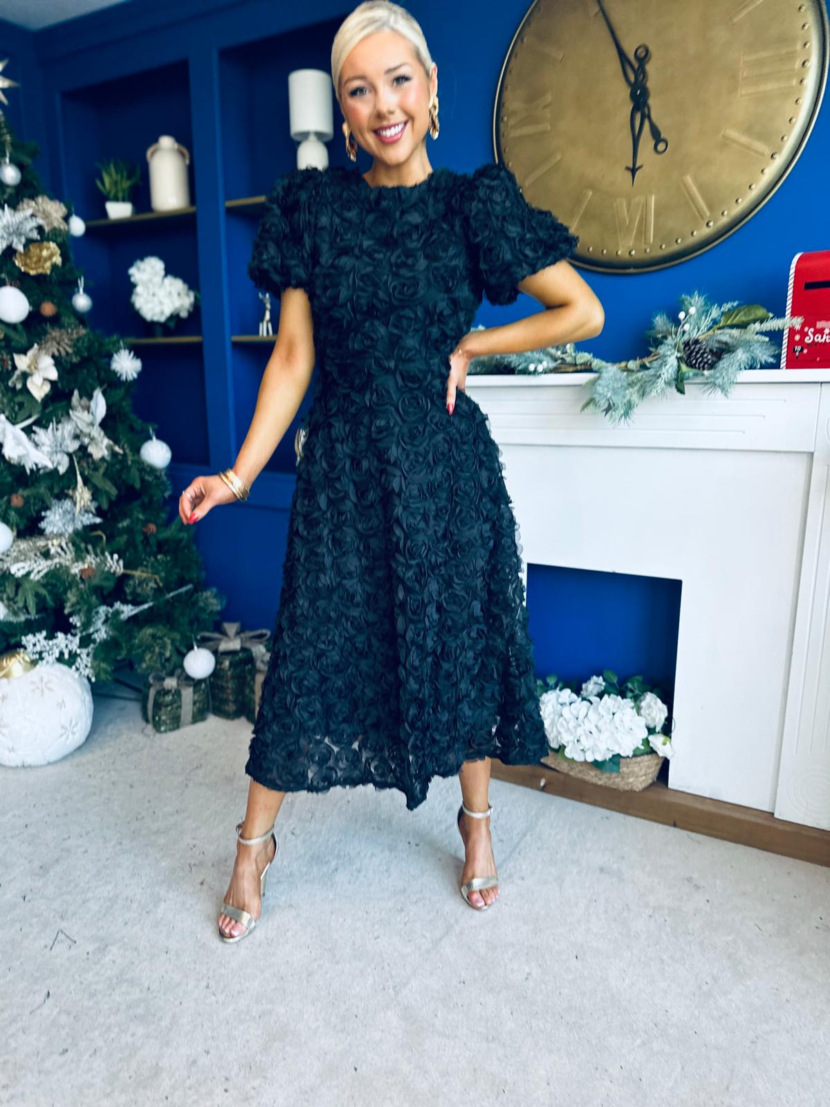 Pippa 3D Floral Occasion Dress Black