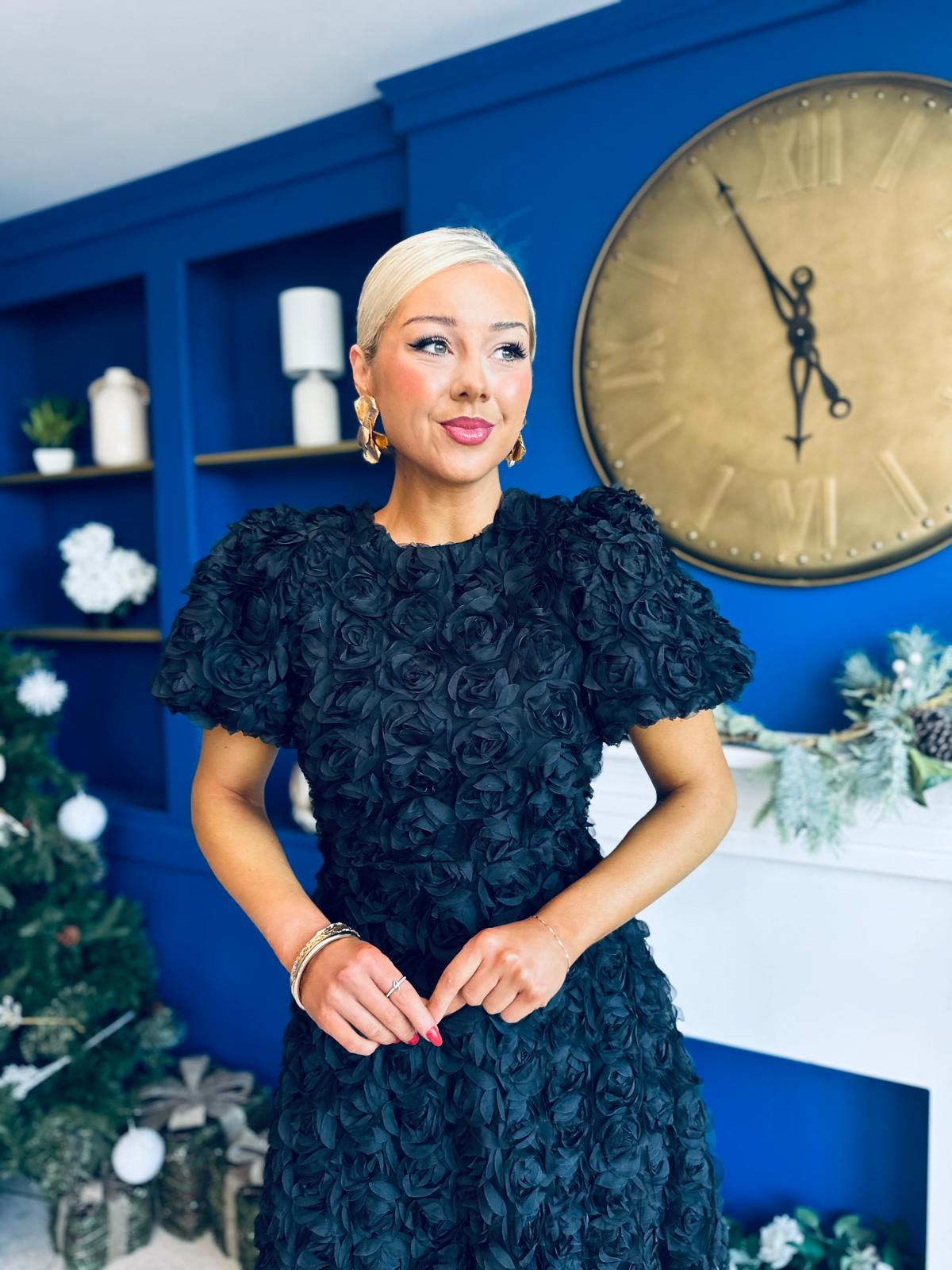 Pippa 3D Floral Occasion Dress Black