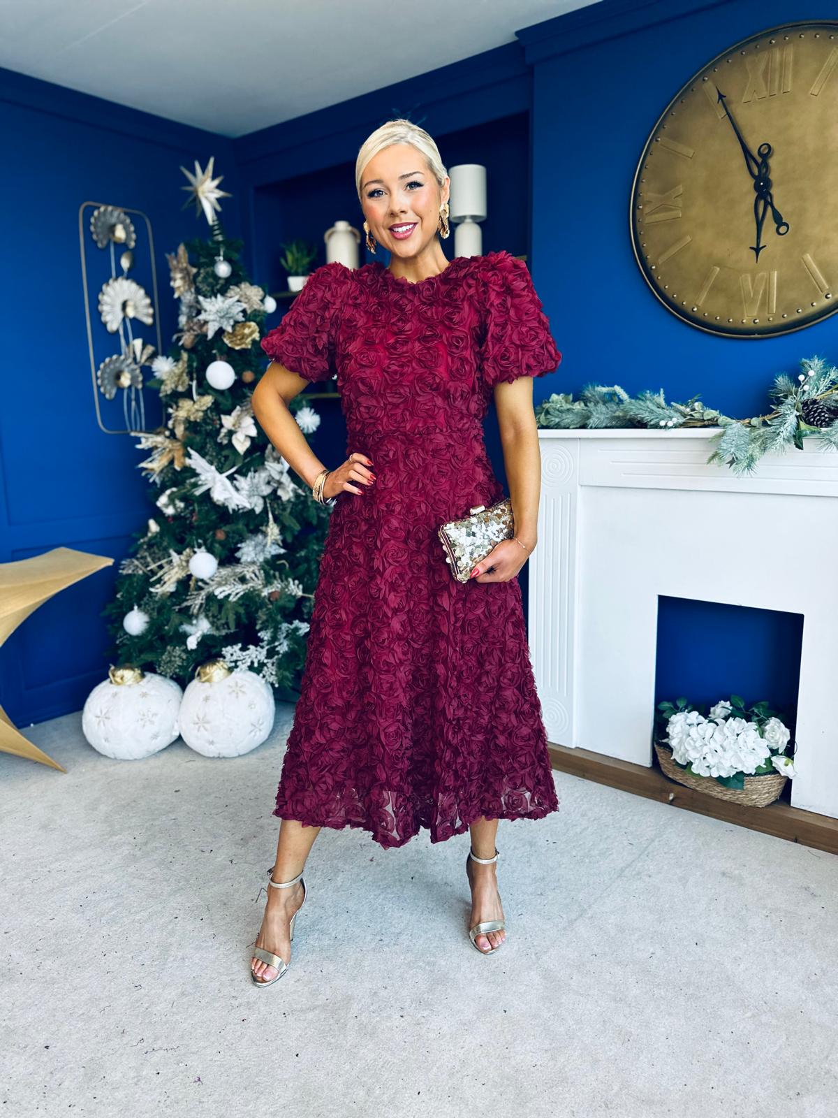 Pippa 3D Floral Occasion Dress Burgundy