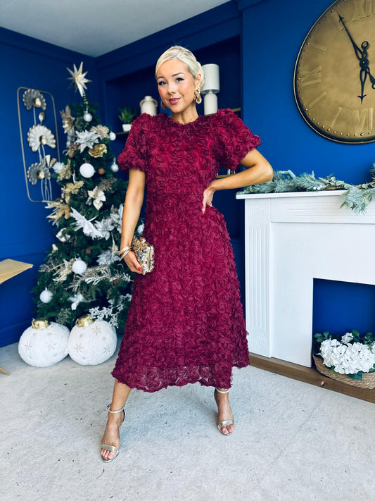 Pippa 3D Floral Occasion Dress Burgundy