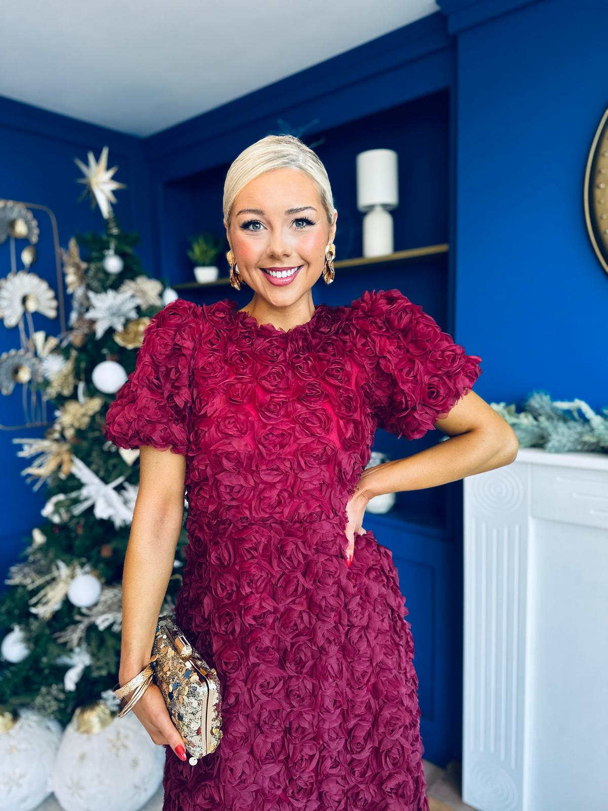 Pippa 3D Floral Occasion Dress Burgundy