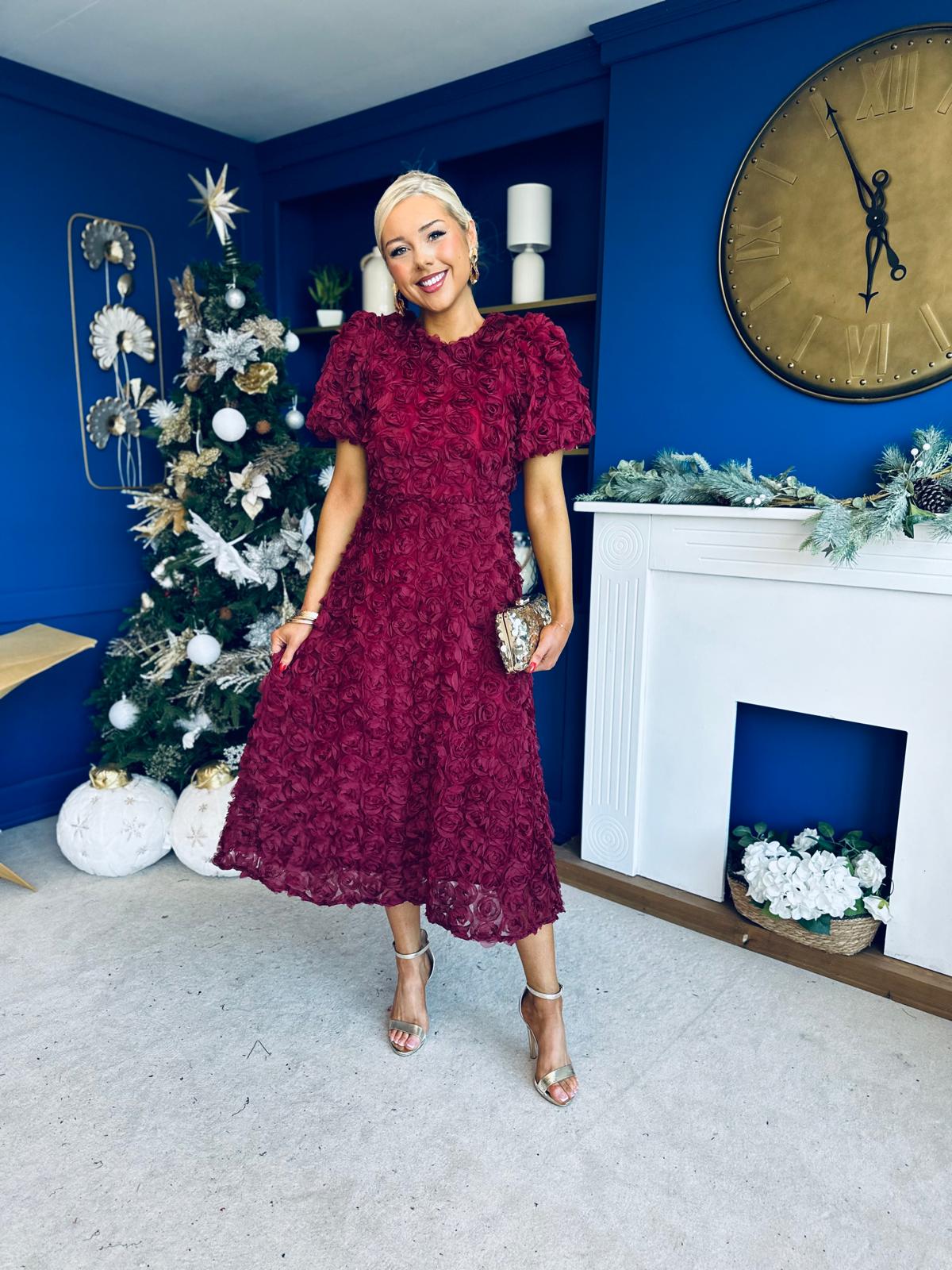 Pippa 3D Floral Occasion Dress Burgundy