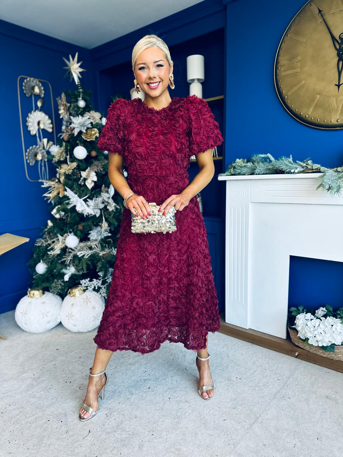 Pippa 3D Floral Occasion Dress Burgundy