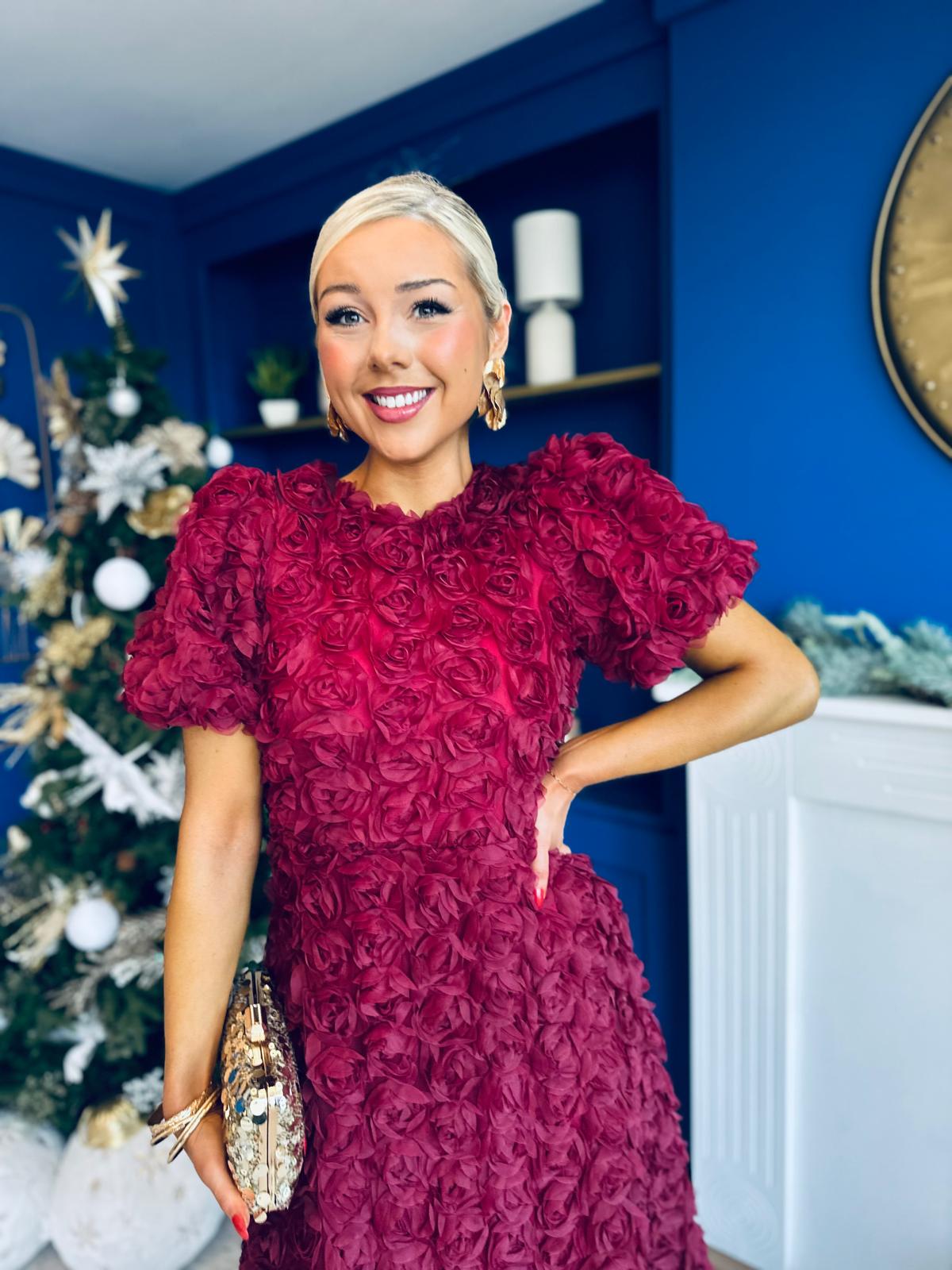 Pippa 3D Floral Occasion Dress Burgundy