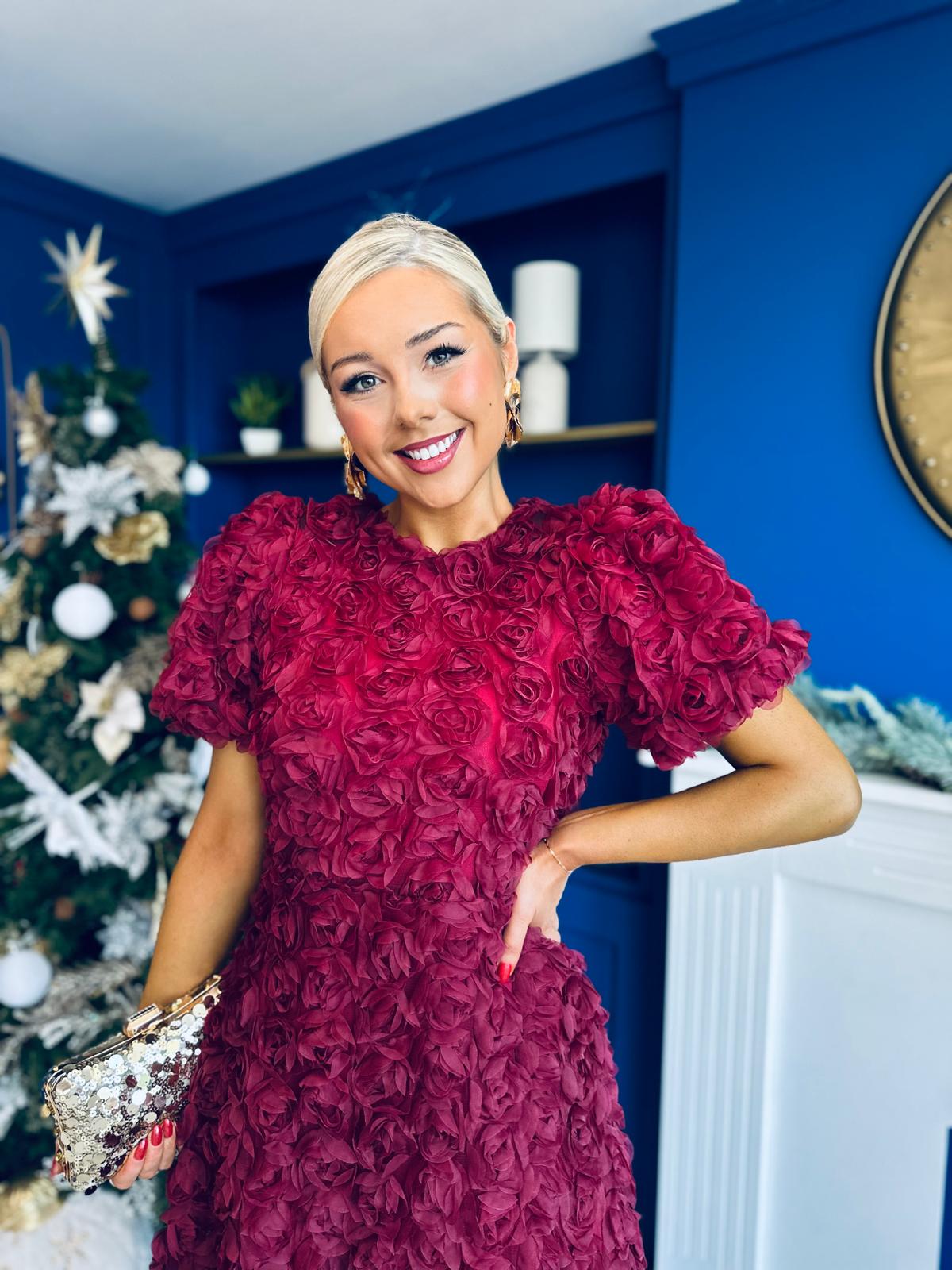 Pippa 3D Floral Occasion Dress Burgundy