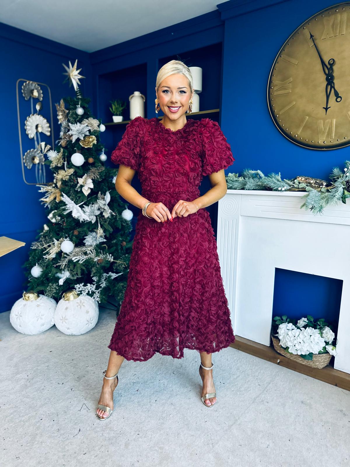 Pippa 3D Floral Occasion Dress Burgundy