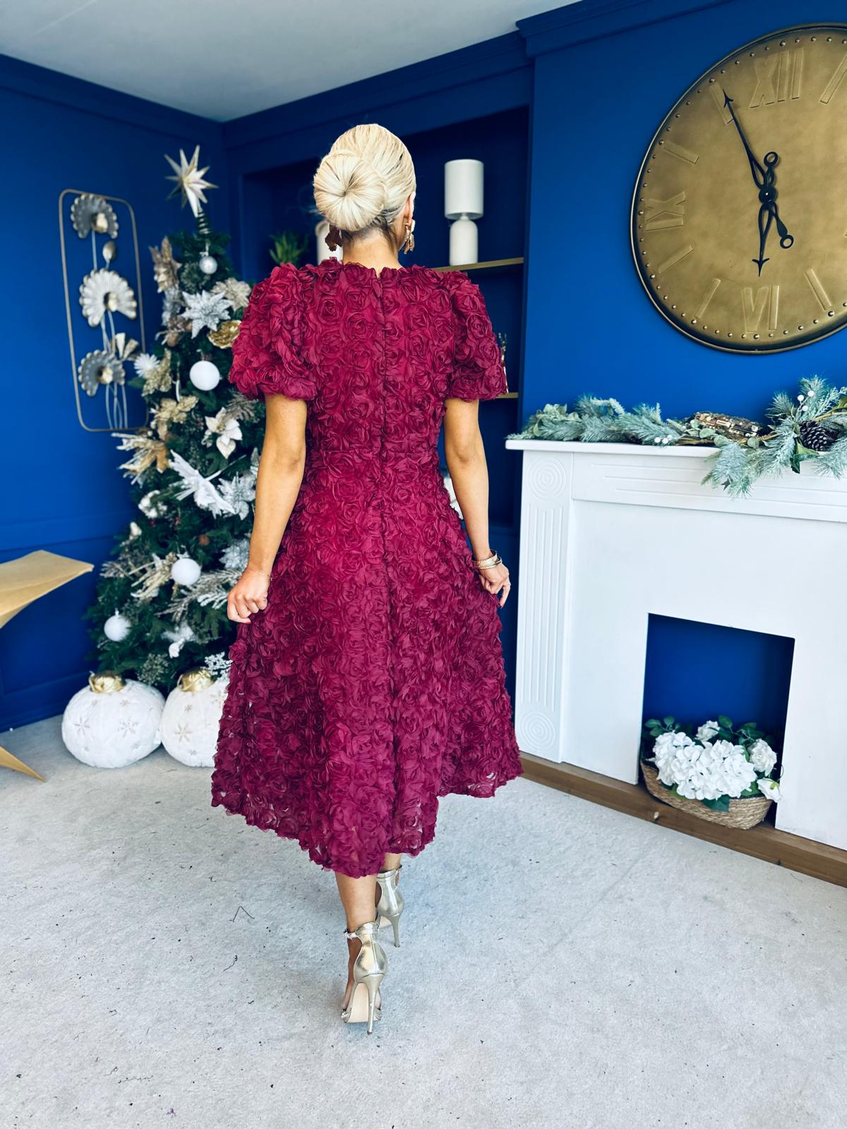 Pippa 3D Floral Occasion Dress Burgundy