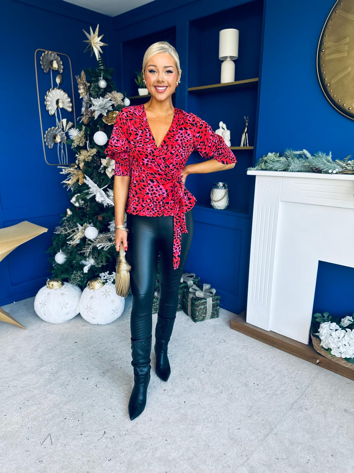 Eliza Shirred Cuff Wrap Top Red Pink Animal