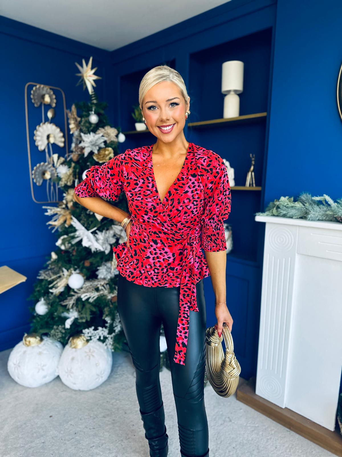 Eliza Shirred Cuff Wrap Top Red Pink Animal