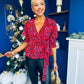 Eliza Shirred Cuff Wrap Top Red Pink Animal
