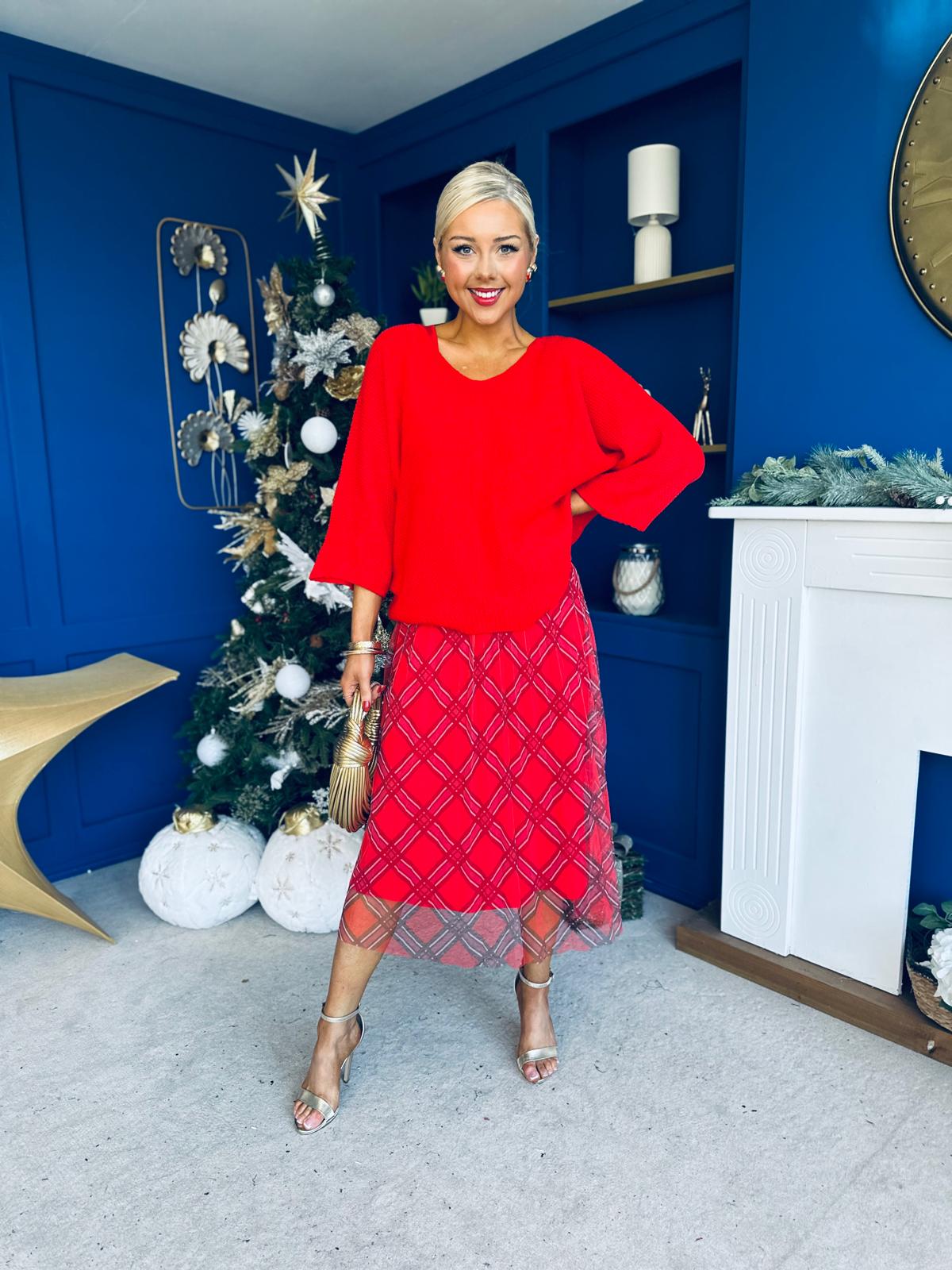 Crystal Knit & Tulle Midi Dress Red