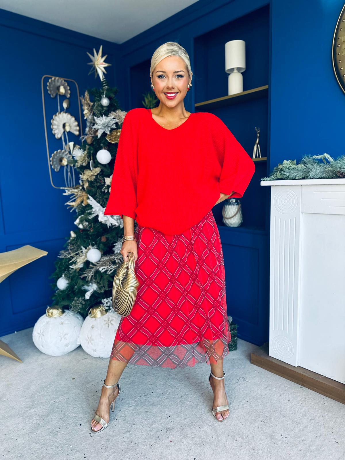 Crystal Knit & Tulle Midi Dress Red