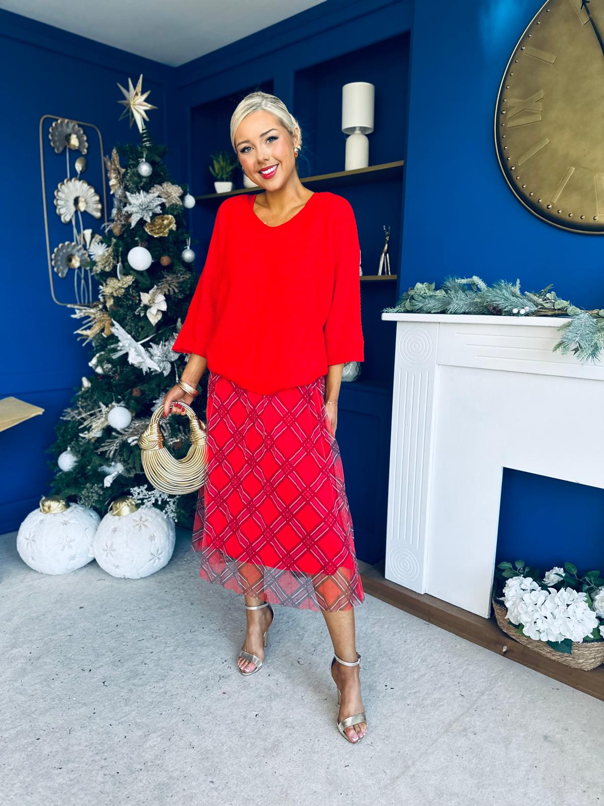 Crystal Knit & Tulle Midi Dress Red