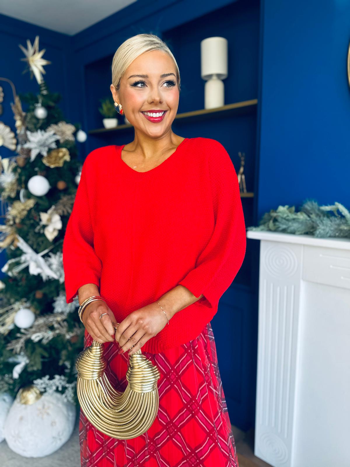 Crystal Knit & Tulle Midi Dress Red