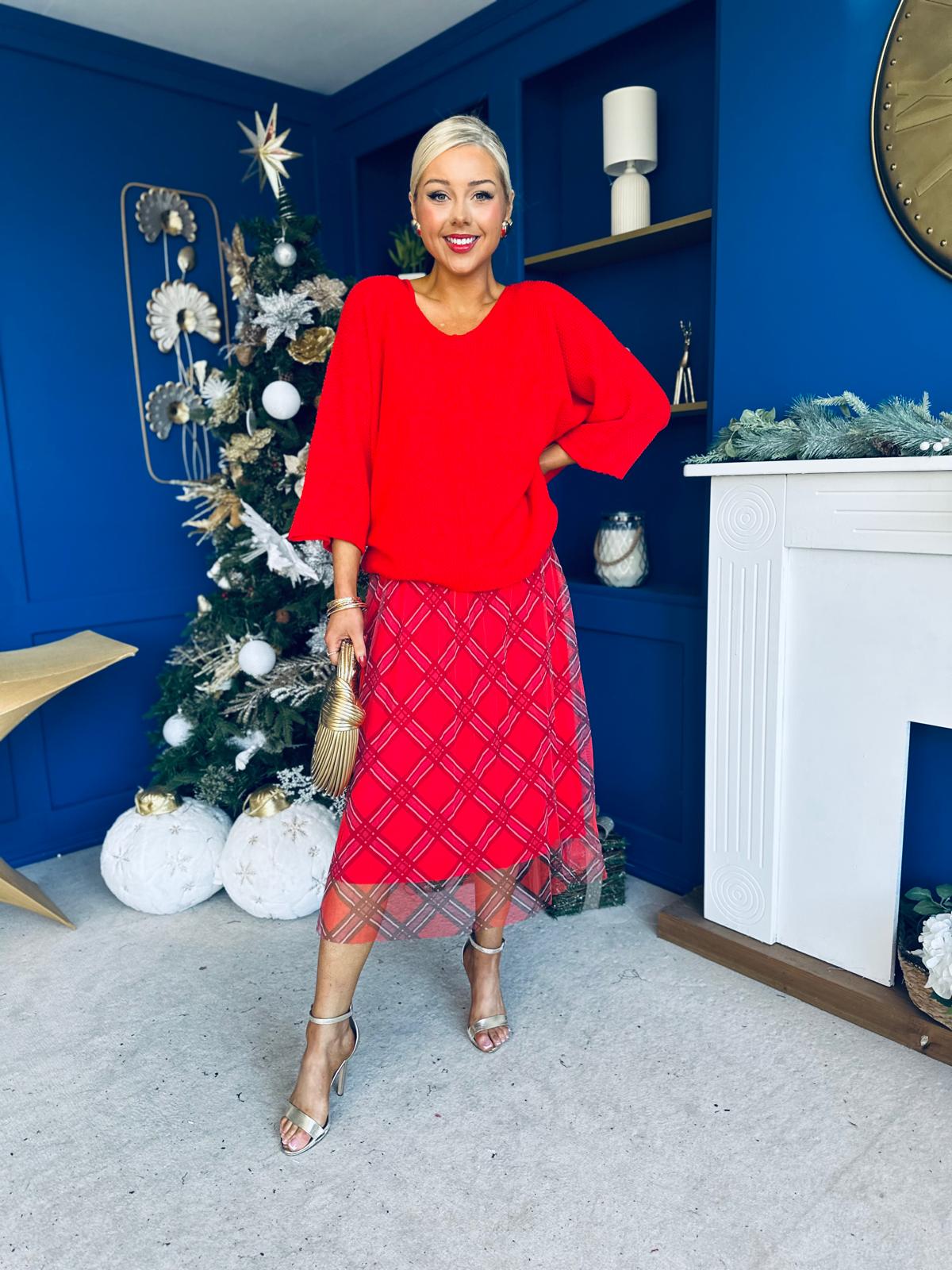 Crystal Knit & Tulle Midi Dress Red