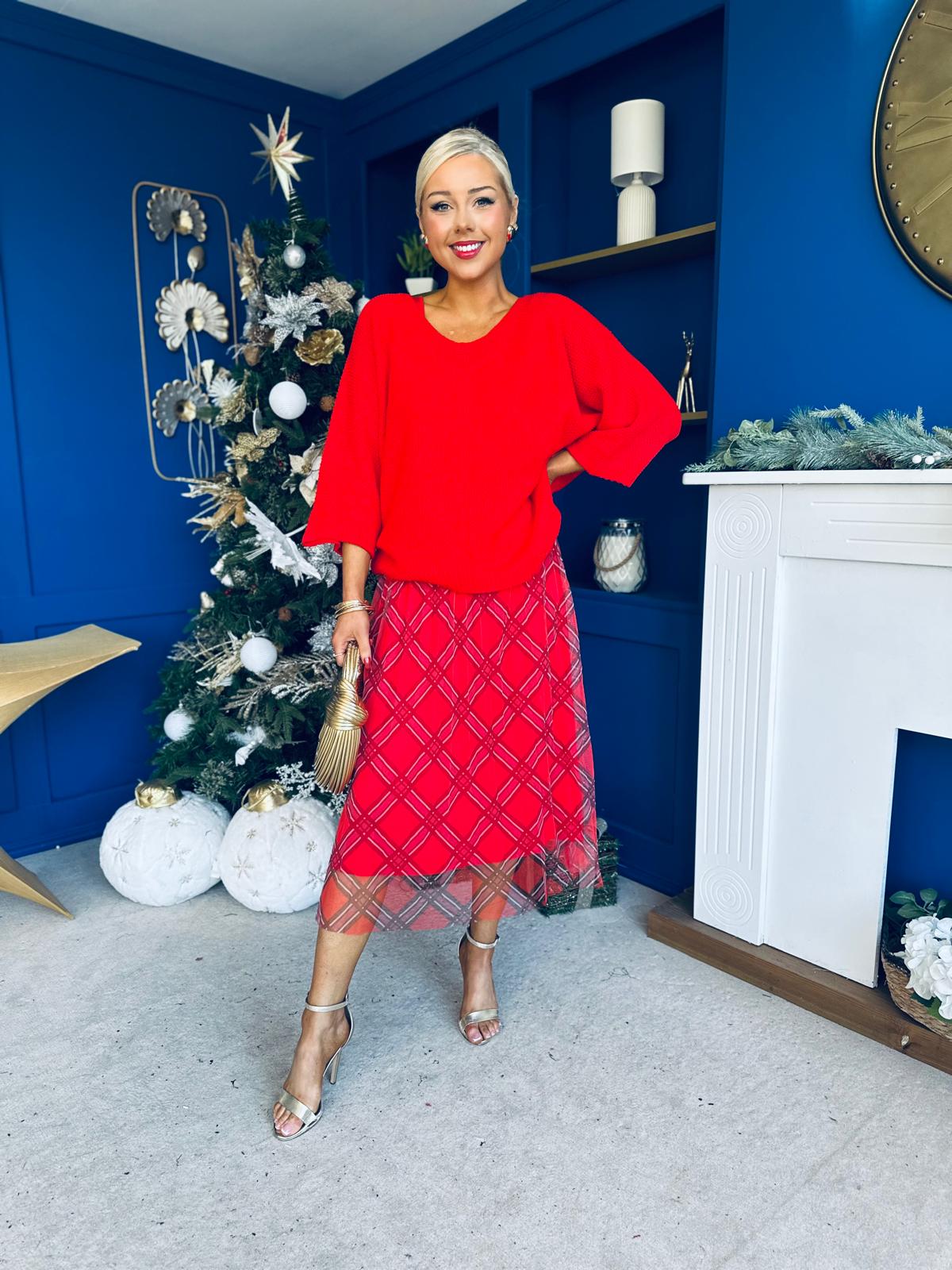 Crystal Knit & Tulle Midi Dress Red