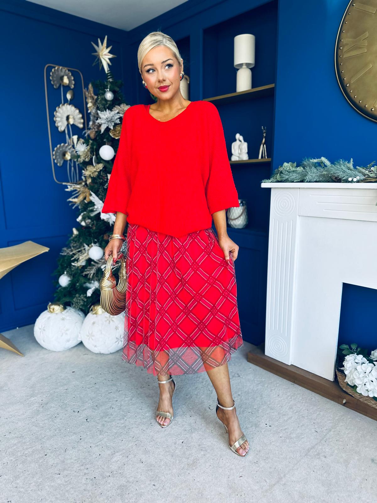 Crystal Knit & Tulle Midi Dress Red