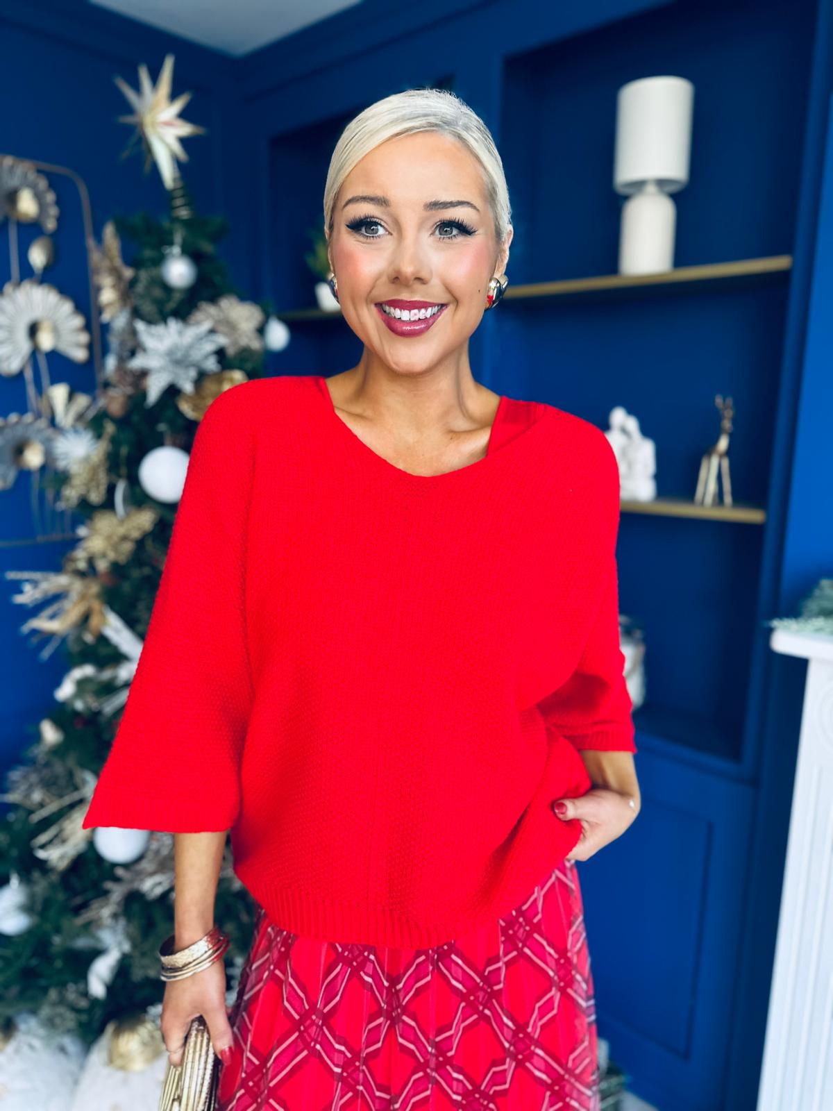 Crystal Knit & Tulle Midi Dress Red