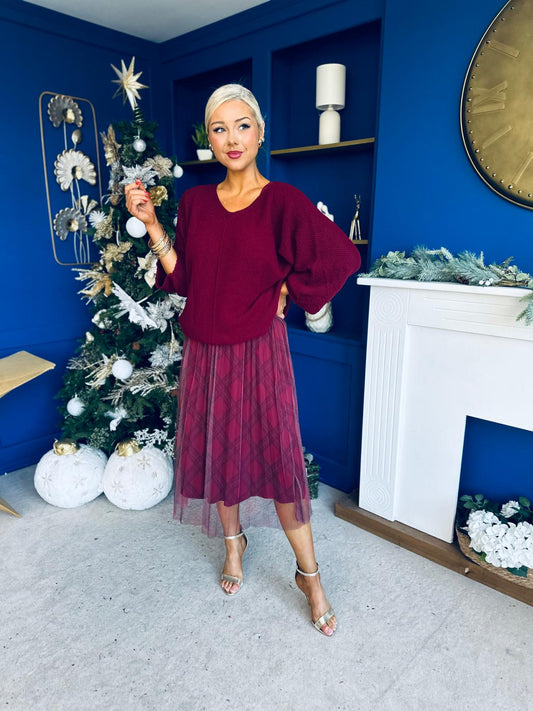 Crystal Knit & Tulle Midi Dress Burgundy