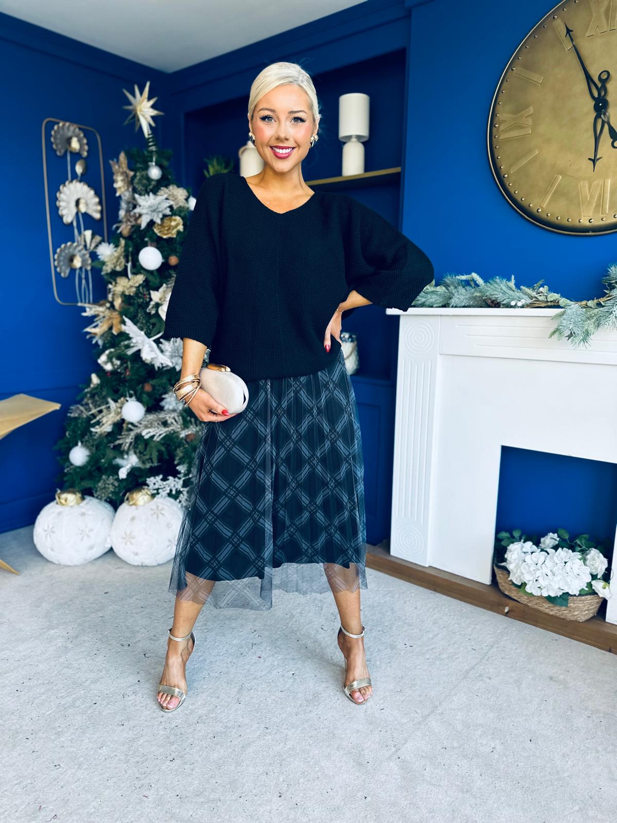 Crystal Knit & Tulle Midi Dress Black