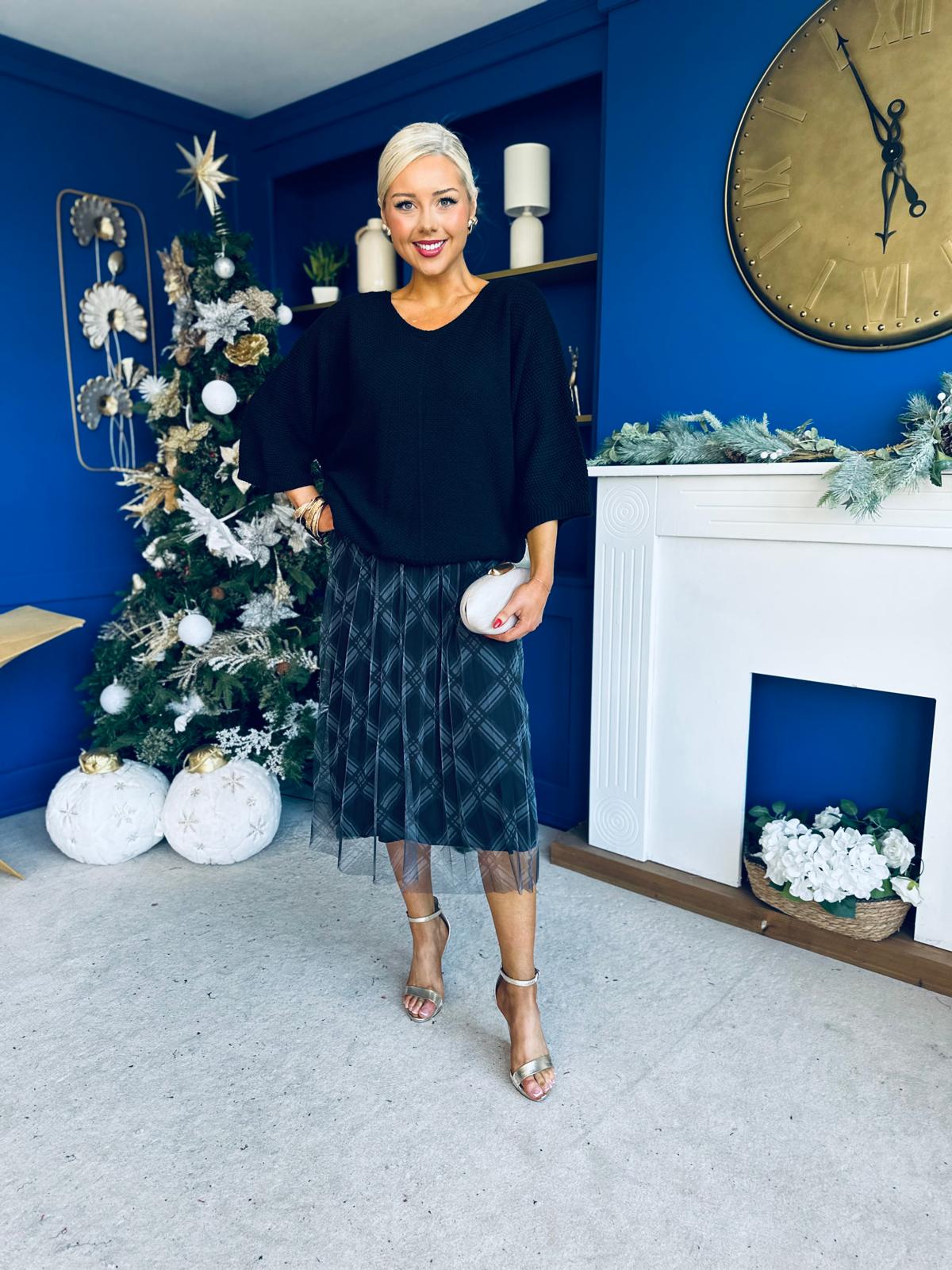 Crystal Knit & Tulle Midi Dress Black