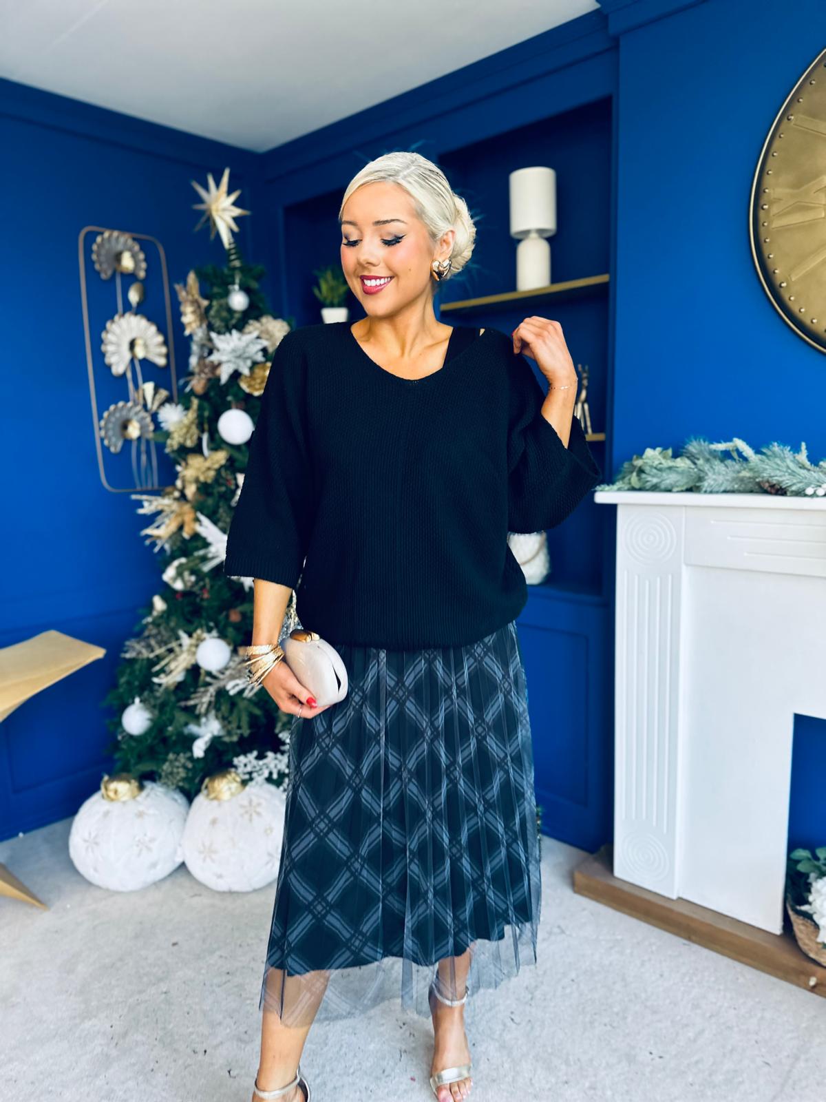 Crystal Knit & Tulle Midi Dress Black